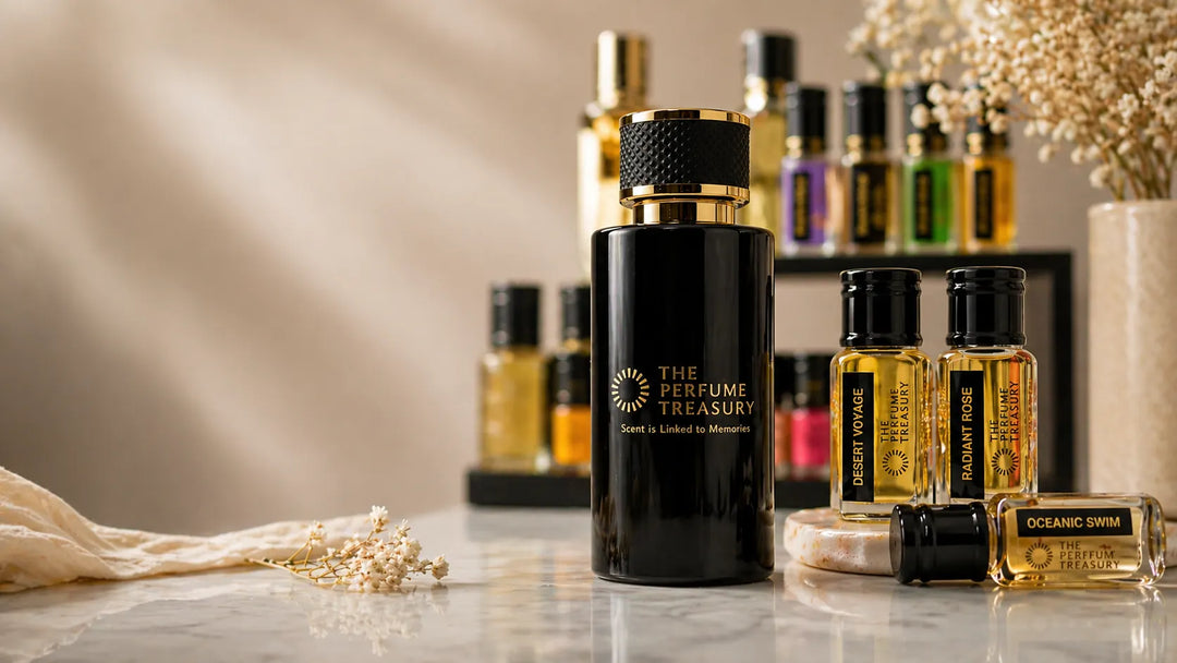 The Perfume Treasury spray perfume with Desert Voyage, Radiant Rose and Oceanic Swim perfume oil rollers on marble surface
