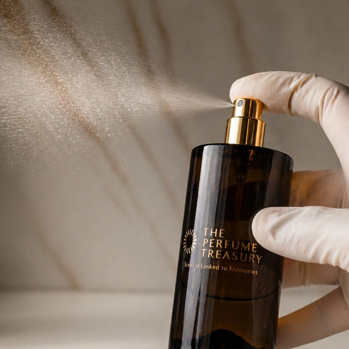 50ml parfum spray by The Perfume Treasury being sprayed from amber glass bottle with gold atomiser, fine mist application on neutral background.