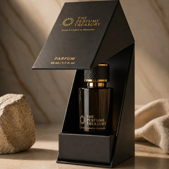 50ml parfum spray by The Perfume Treasury in luxury black presentation box, dark amber glass bottle with gold detailing on neutral background.