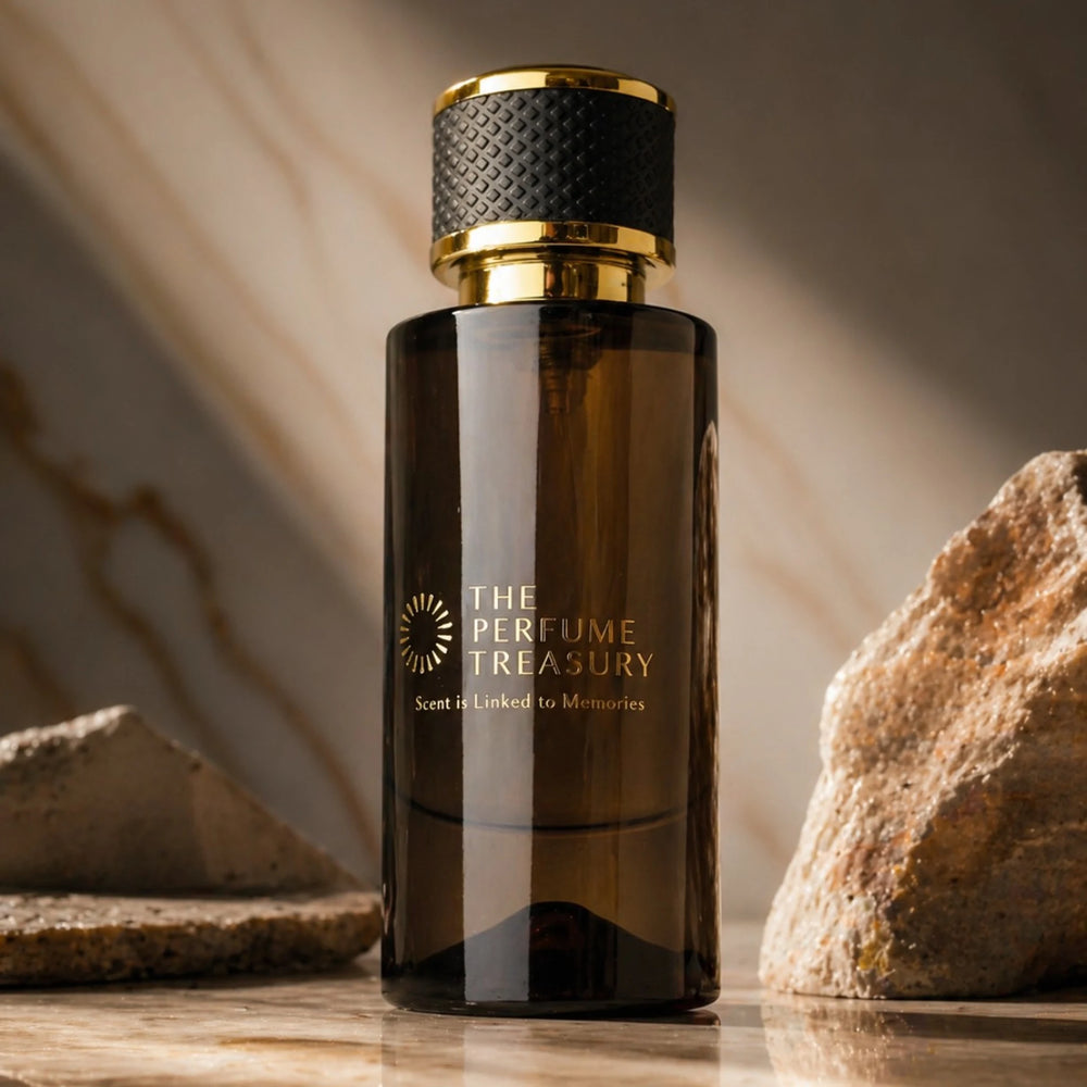 Dark glass parfum spray bottle with black and gold cap, 50ml parfum spray by The Perfume Treasury, branding detail on bottle with stone background.