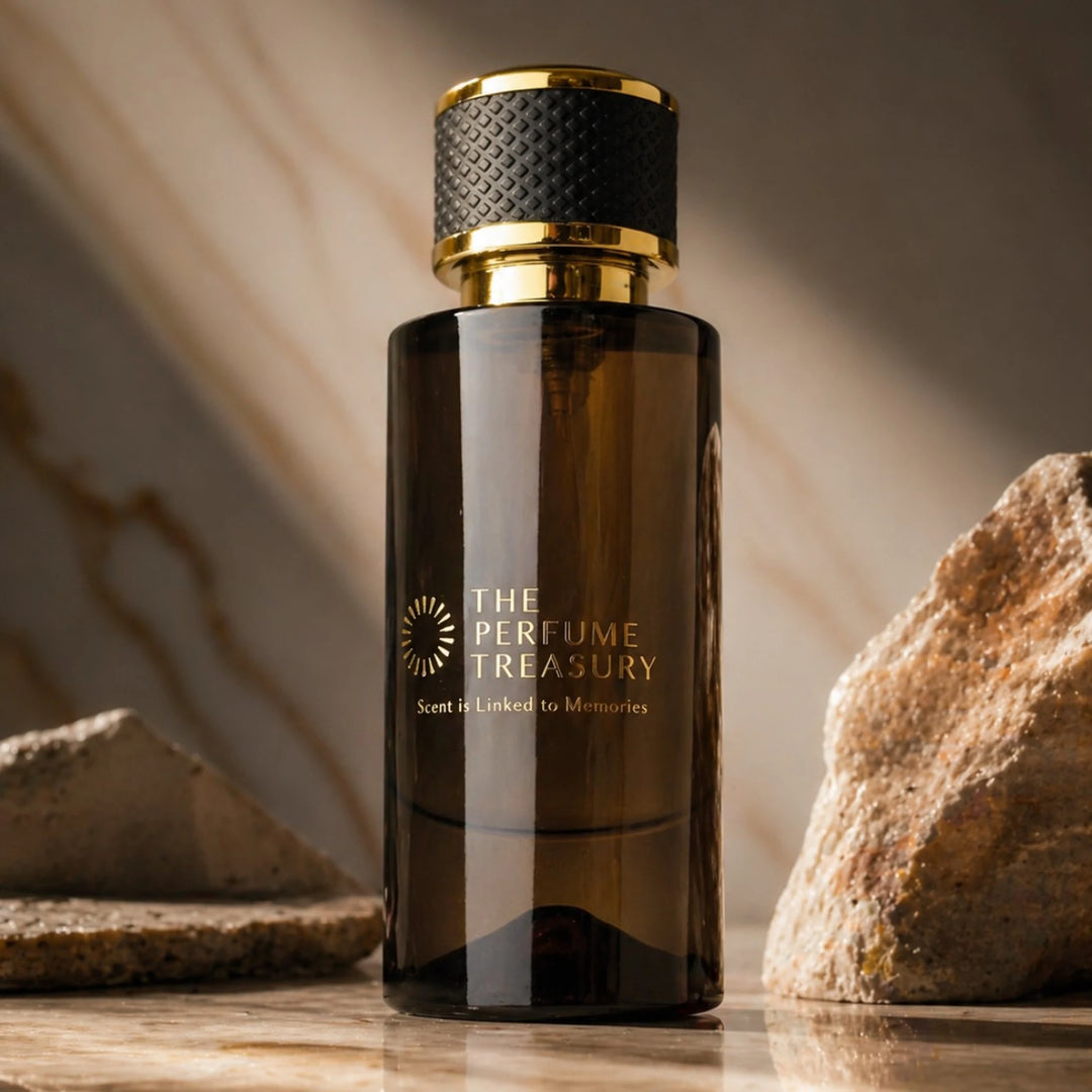 Dark glass parfum spray bottle with black and gold cap, 50ml parfum spray by The Perfume Treasury, branding detail on bottle with stone background.