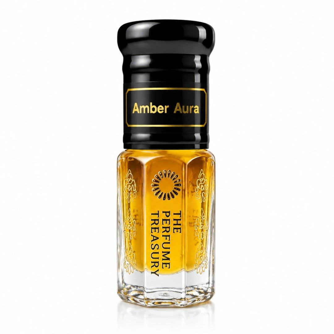 Studio product shot of Amber Aura concentrated perfume oil bottle by The Perfume Treasury, showing deep amber fragrance oil and decorative glass bottle styling with glossy black cap.