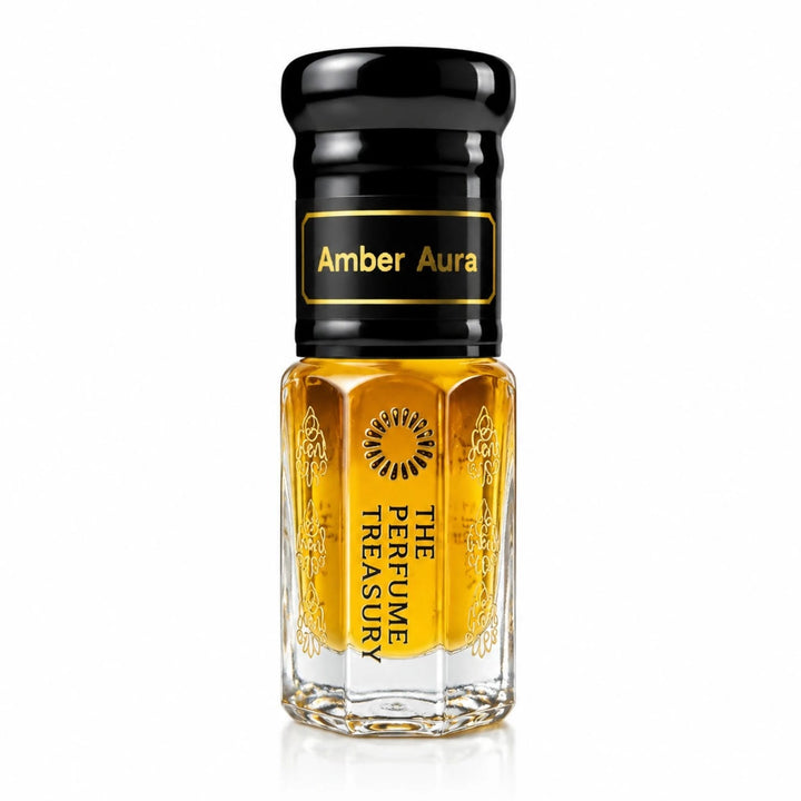 Studio product shot of Amber Aura concentrated perfume oil bottle by The Perfume Treasury, showing deep amber fragrance oil and decorative glass bottle styling with glossy black cap.