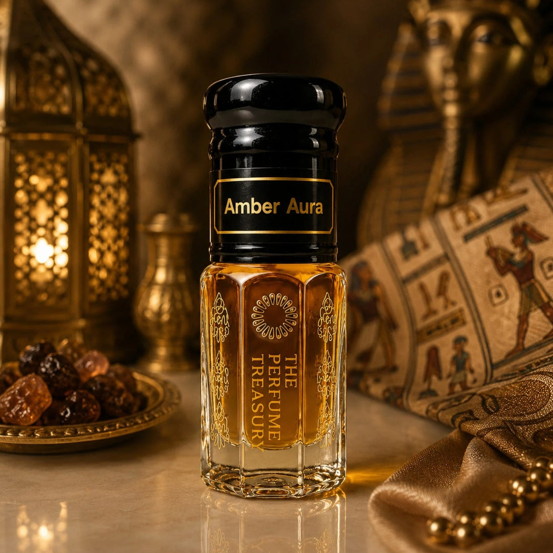 Premium lifestyle photograph of Amber Aura perfume oil displayed in a warm Egyptian-inspired setting with glowing lanterns, golden fabric, decorative beads and rich amber-toned fragrance oil.