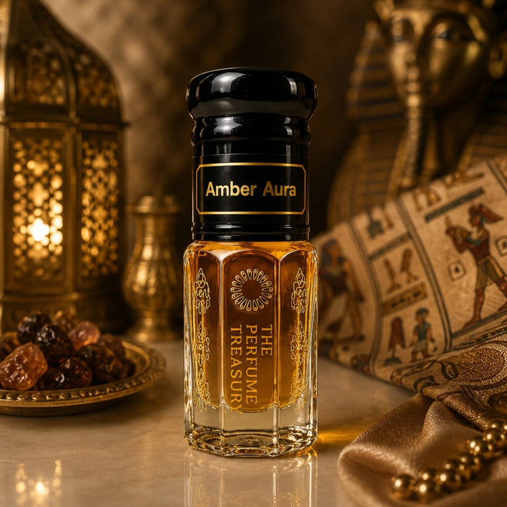 Premium lifestyle photograph of Amber Aura perfume oil displayed in a warm Egyptian-inspired setting with glowing lanterns, golden fabric, decorative beads and rich amber-toned fragrance oil.