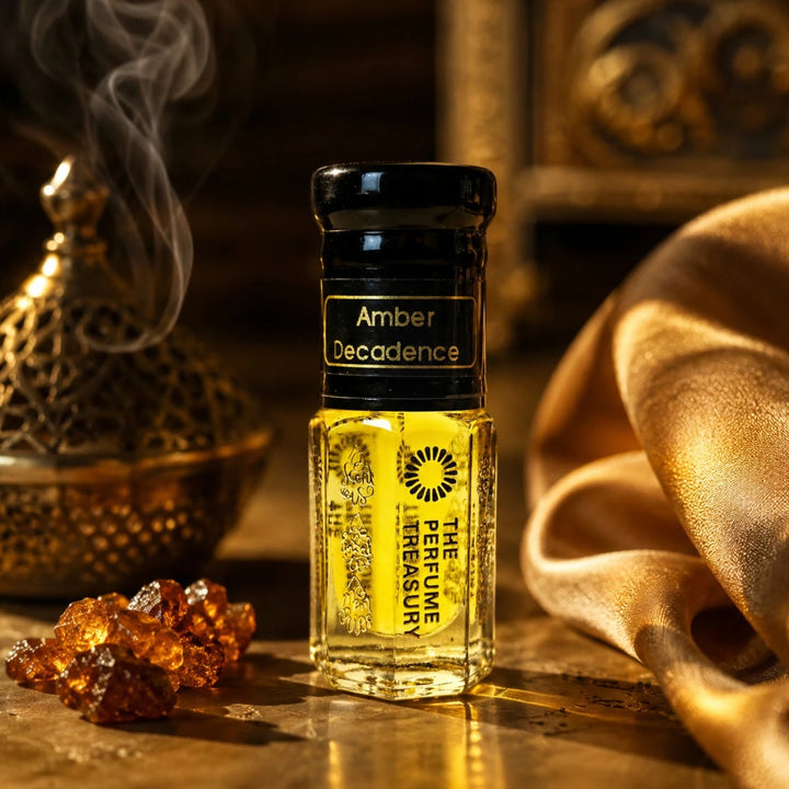 Luxury lifestyle photograph of Amber Decadence attar perfume oil bottle surrounded by warm amber resin, incense smoke and golden satin fabric, showcasing rich Arabian fragrance aesthetics and glowing amber tones.