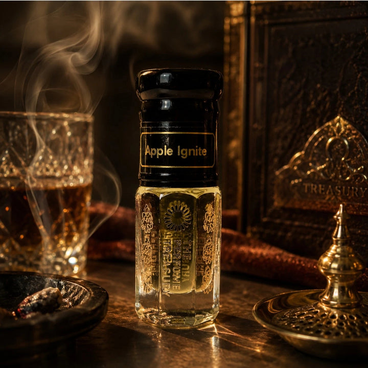 Atmospheric luxury image of Apple Ignite Arabian attar perfume bottle surrounded by incense smoke, warm amber lighting and ornate décor creating a rich Middle Eastern fragrance ambiance.