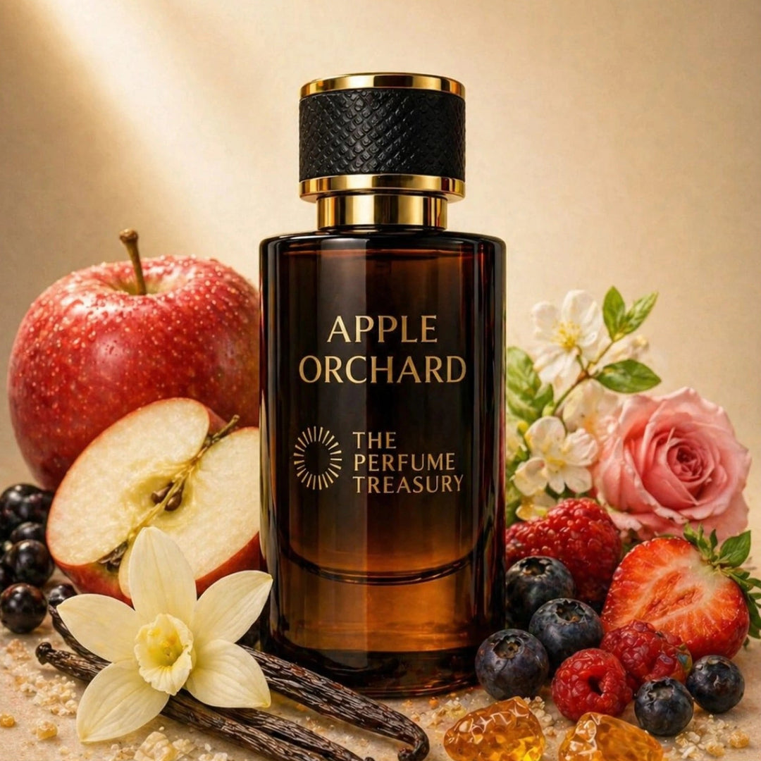 Apple Orchard Extrait de Parfum by The Perfume Treasury surrounded by red apple, berries, blossom flowers, vanilla pods and sweet amber accords, capturing a vibrant fruity floral fragrance profile.