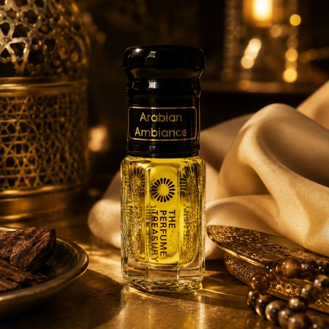 Opulent Arabian Ambiance attar perfume bottle displayed in a warm golden setting with ornate lanterns, oud wood, satin fabric and rich ambient lighting for a luxurious fragrance mood.