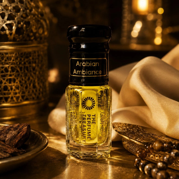 Opulent Arabian Ambiance attar perfume bottle displayed in a warm golden setting with ornate lanterns, oud wood, satin fabric and rich ambient lighting for a luxurious fragrance mood.