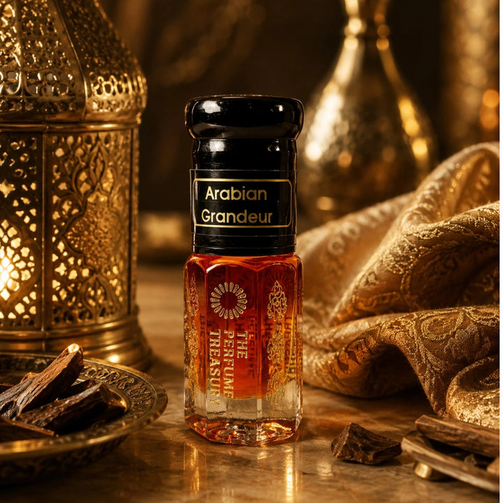 Elegant Arabian Grandeur perfume oil bottle styled in a luxurious Middle Eastern setting with glowing lanterns, golden textiles and oud wood for a sophisticated fragrance presentation.