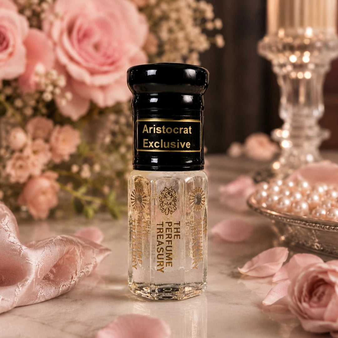 Romantic luxury composition of Aristocrat Exclusive perfume oil surrounded by pink roses, pearls, satin fabric and candlelight creating an elegant premium fragrance atmosphere.