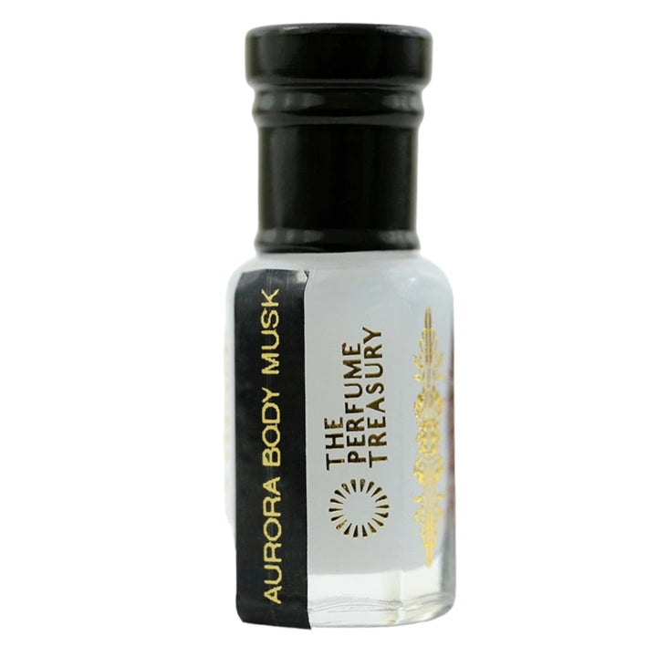 Minimal studio product image of Aurora Body Musk perfume oil in a clear glass bottle with soft milky-white fragrance oil, black cap and elegant gold branding on a clean white background