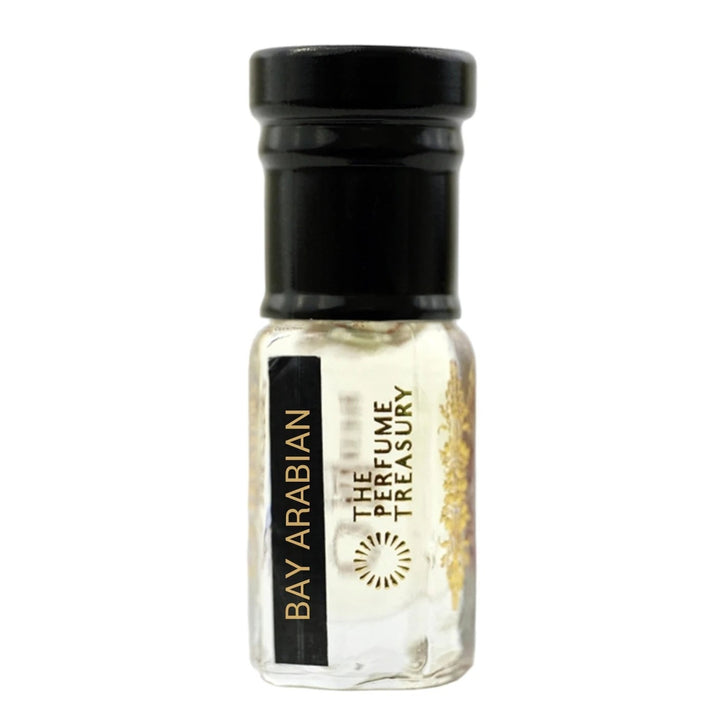 Small clear glass perfume oil bottle with black cap, Bay Arabian 3ml attar perfume oil by The Perfume Treasury, clear glossy lightweight fragrance oil on white background.