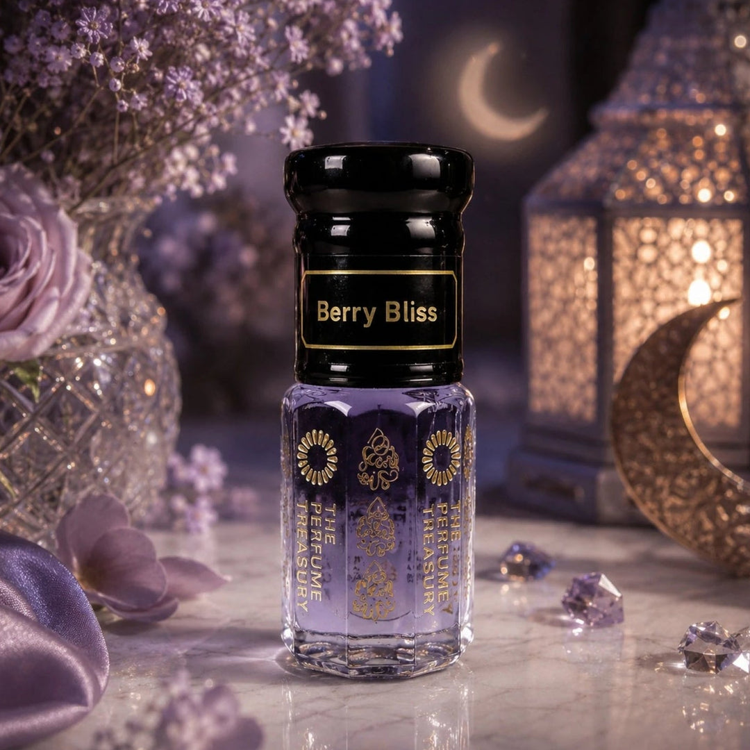 Elegant lifestyle image of Berry Bliss perfume oil surrounded by lavender flowers, crystals, crescent moon decor and glowing lanterns in a dreamy luxury fragrance setting.