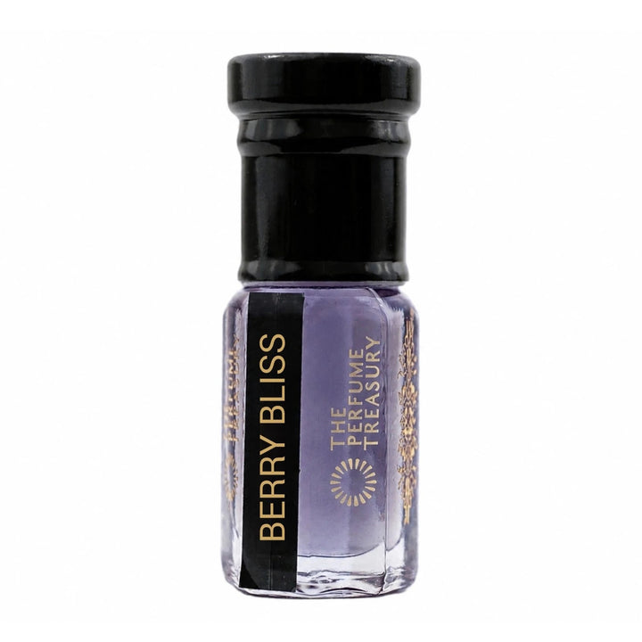 Clean studio product image of Berry Bliss perfume oil in a premium clear glass bottle with soft lavender fragrance oil, black cap and elegant gold branding on a white background.