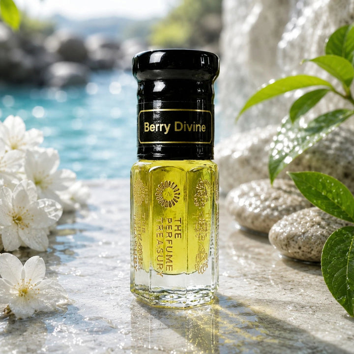 Refreshing spa-inspired lifestyle image of Berry Divine perfume oil beside white flowers, smooth stones and turquoise water, highlighting the elegant glass bottle and calming luxury atmosphere.