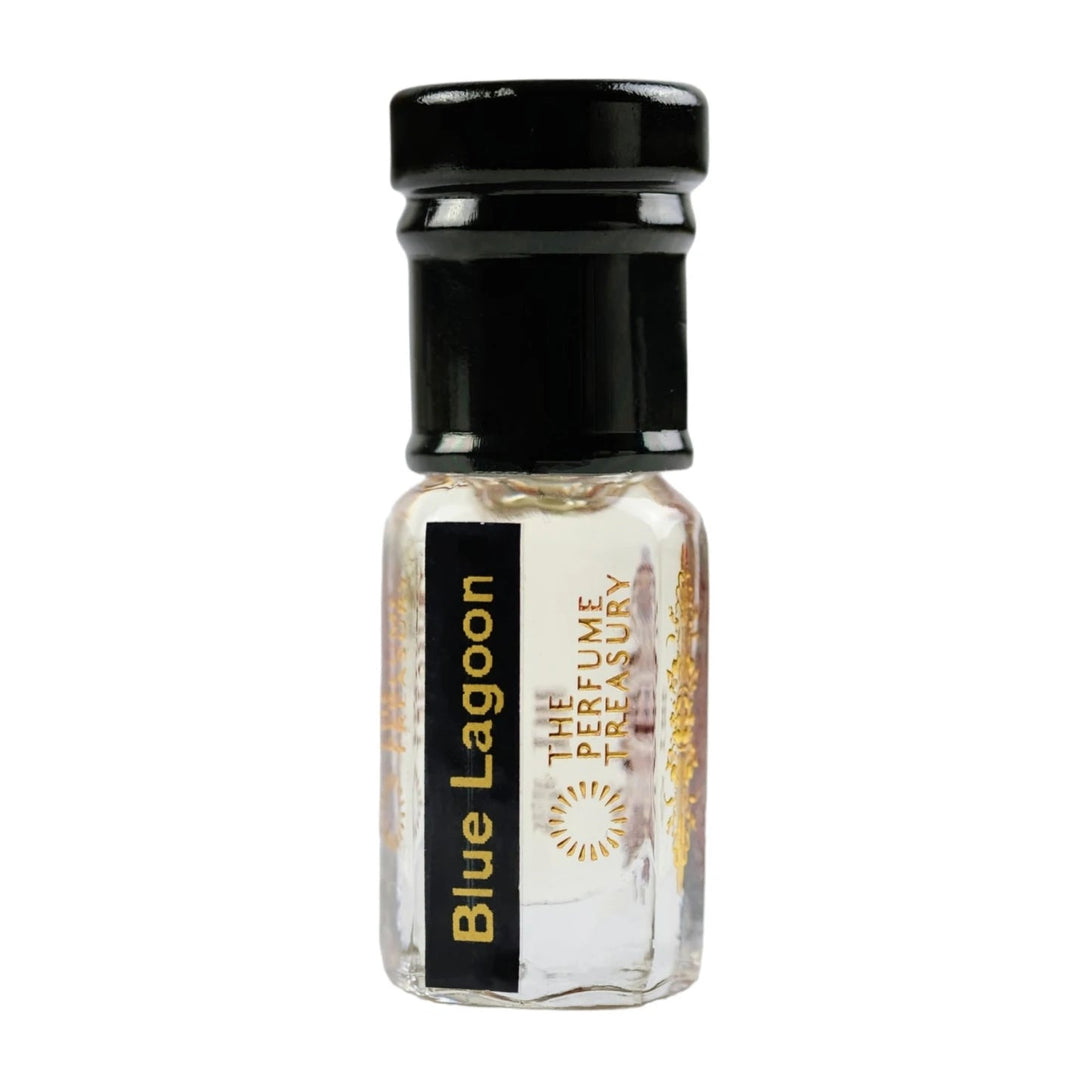 Blue Lagoon attar perfume oil sample bottle by The Perfume Treasury with clear fragrance oil in a luxury glass vial and black cap