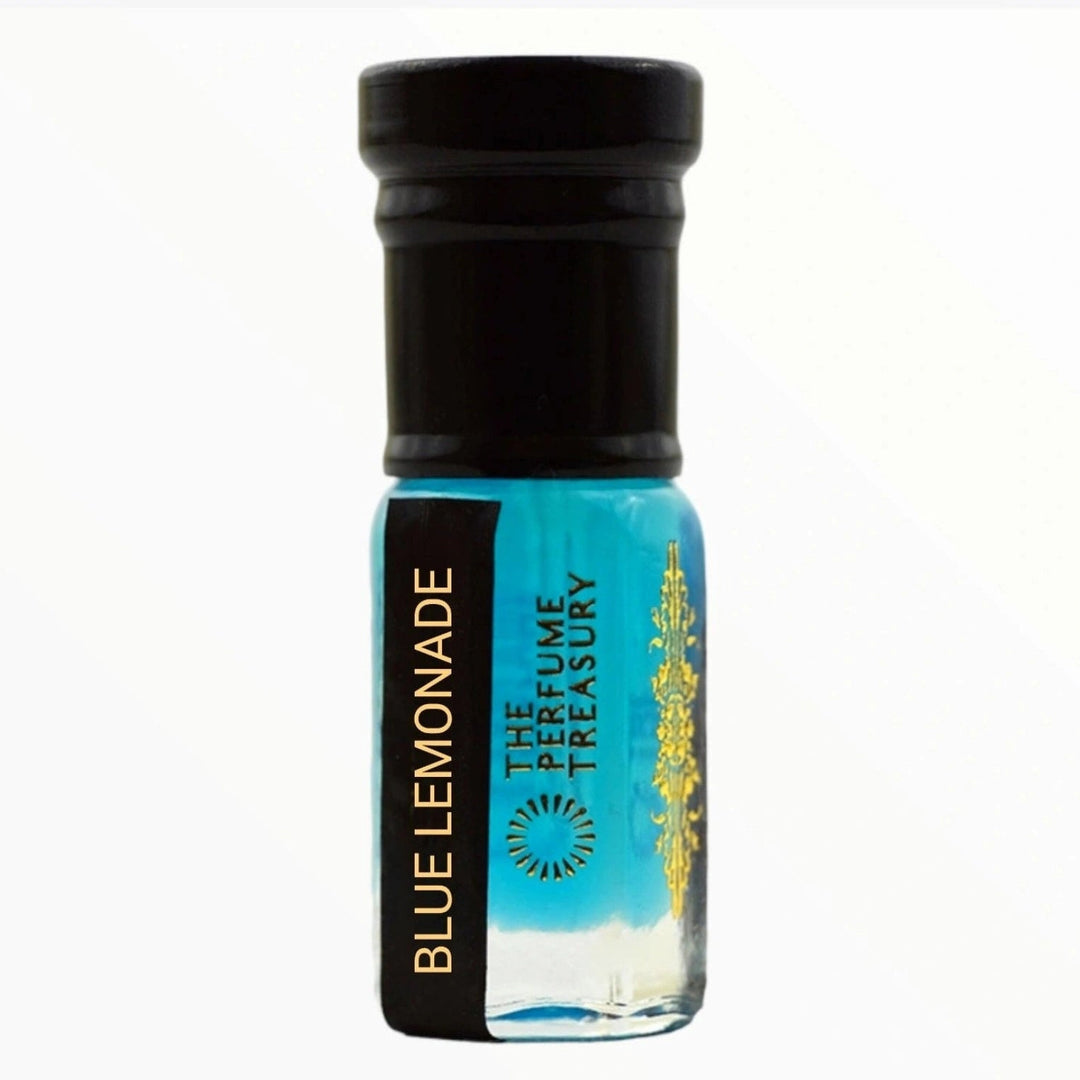 Blue Lemonade attar perfume oil bottle by The Perfume Treasury with vibrant blue musk fragrance oil on a clean white background.