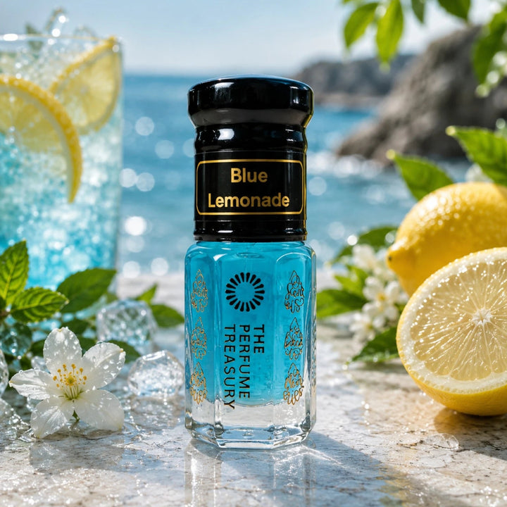 Blue Lemonade Musk Tahara perfume oil by The Perfume Treasury displayed in a fresh citrus seaside setting with lemons, mint and ocean backdrop.