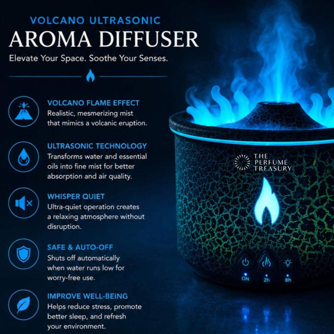 Modern blue flame volcano aroma diffuser showcasing ultrasonic mist technology, whisper-quiet operation, auto shut-off safety and wellness benefits in a luxury setting.