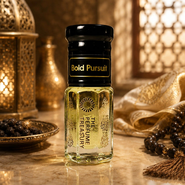 Bold Pursuit attar perfume oil by The Perfume Treasury presented in an elegant Middle Eastern inspired setting with spices, prayer beads and warm golden lighting.