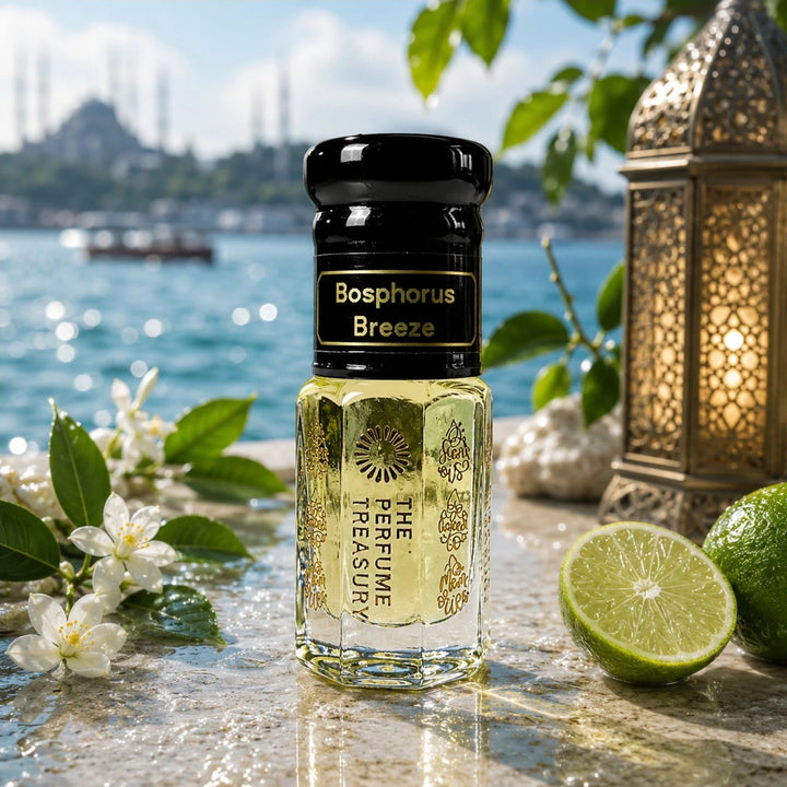 Luxury lifestyle image of Bosphorus Breeze perfume oil bottle displayed beside fresh lime slices, white blossoms and an ornate lantern with a sparkling waterfront backdrop, evoking a fresh Mediterranean-inspired fragrance atmosphere.