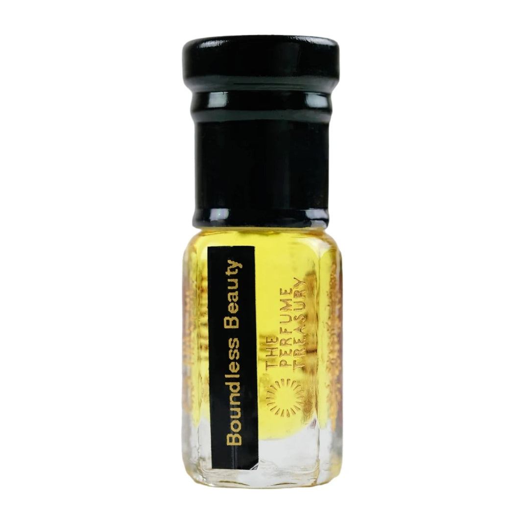 Boundless Beauty attar perfume oil sample bottle by The Perfume Treasury with rich golden fragrance oil in elegant glass packaging.