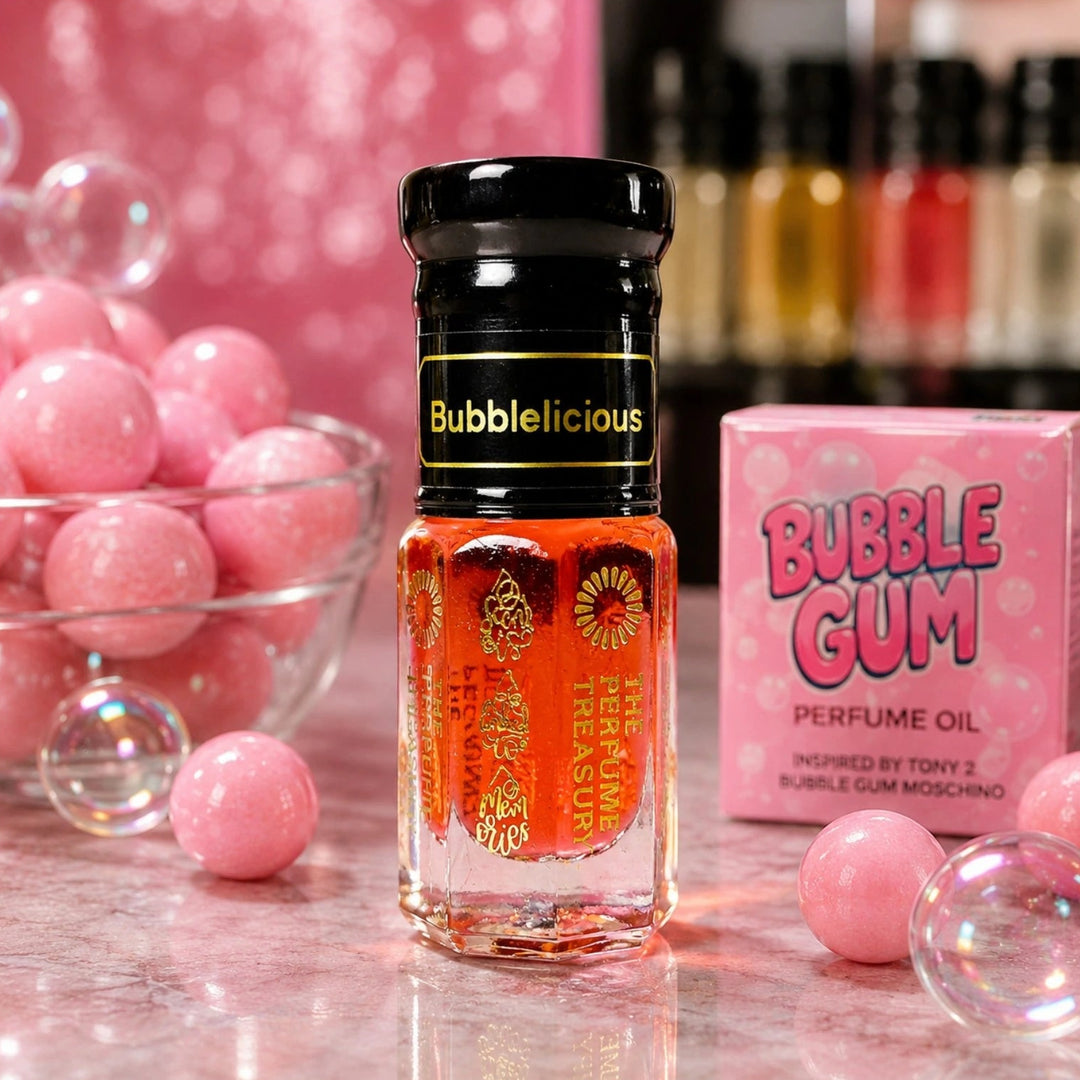 Bubblelicious perfume oil by The Perfume Treasury styled with pink bubble gum, playful candy-inspired décor and vibrant sweet fragrance aesthetic.