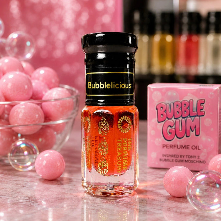 Bubblelicious perfume oil by The Perfume Treasury styled with pink bubble gum, playful candy-inspired décor and vibrant sweet fragrance aesthetic.
