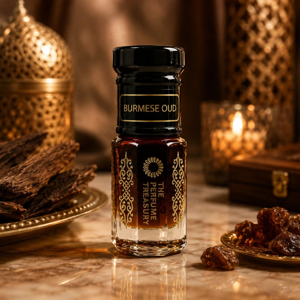 Burmese Oud perfume oil by The Perfume Treasury displayed with oud wood, amber resins and ornate golden lanterns in a warm luxury setting.