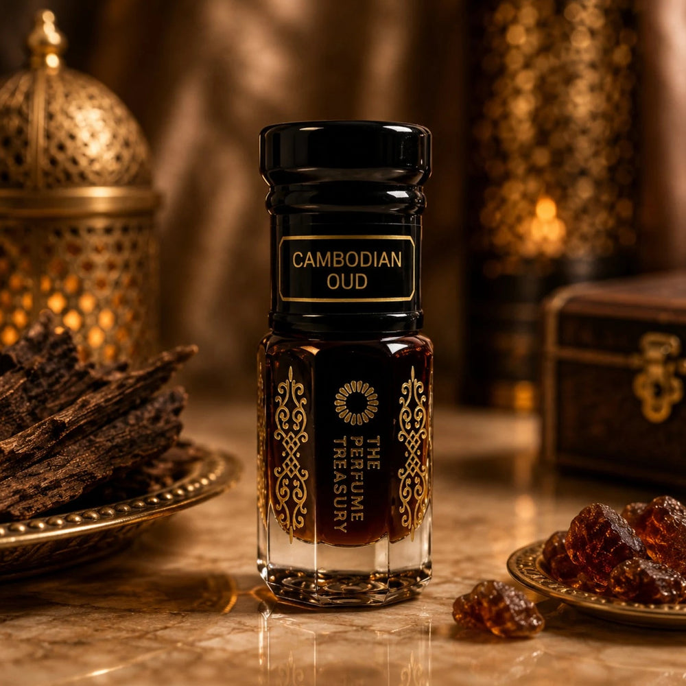 Cambodian Oud perfume oil by The Perfume Treasury displayed with rich oud wood, amber resins and ornate golden lanterns in a warm setting.