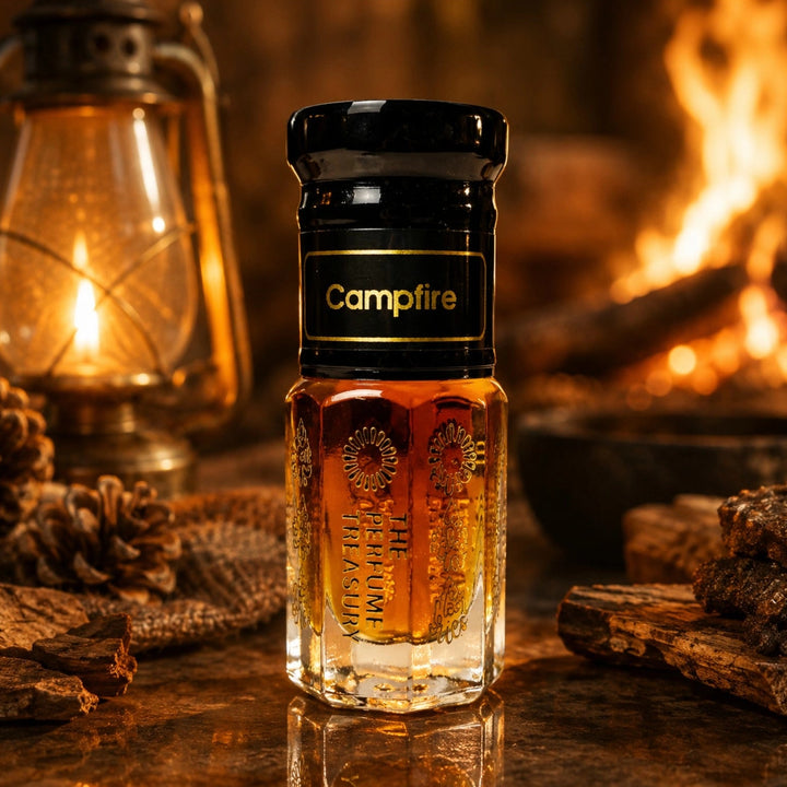 Campfire inspired perfume oil surrounded by burning firewood, lantern light and cosy campfire ambience.