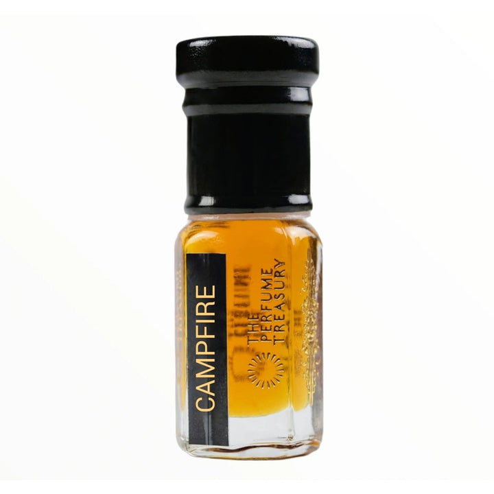 Campfire attar perfume oil bottle by The Perfume Treasury with rich amber fragrance oil on a clean white background.