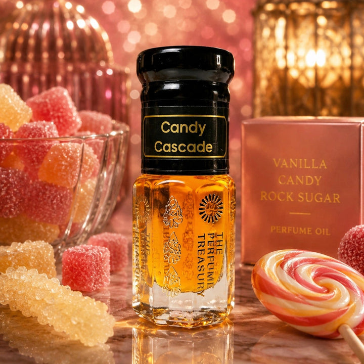 Candy Cascade perfume oil by The Perfume Treasury styled with vanilla candy sweets and warm glowing luxury decor.