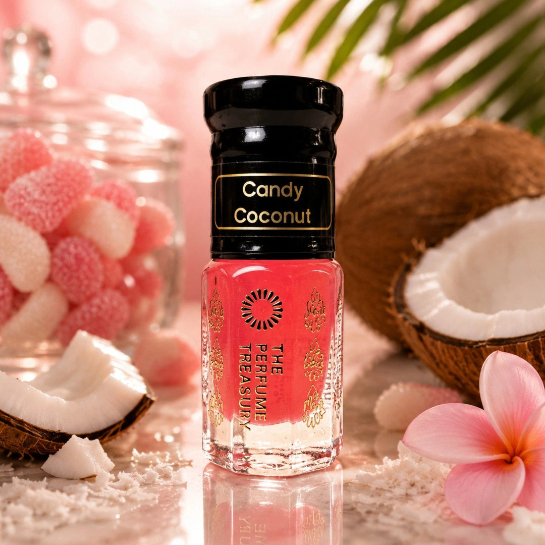 Candy Coconut musk tahara perfume oil by The Perfume Treasury surrounded by coconut, pink sweets and tropical floral accents.