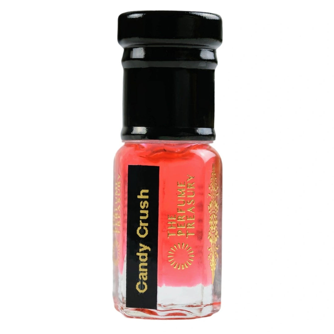 Candy Crush attar musk perfume oil bottle by The Perfume Treasury with bright pink sweet fragrance oil on a clean white background.