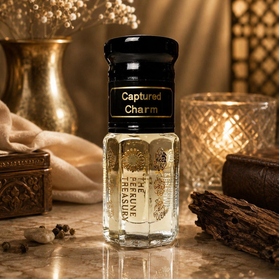 Captured Charm luxury attar perfume oil by The Perfume Treasury styled with oud wood, candlelight and elegant Arabian decor.