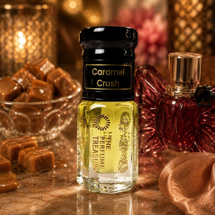 Caramel Crush perfume oil by The Perfume Treasury styled with caramel sweets, luxury perfume bottle and warm ambient lighting.