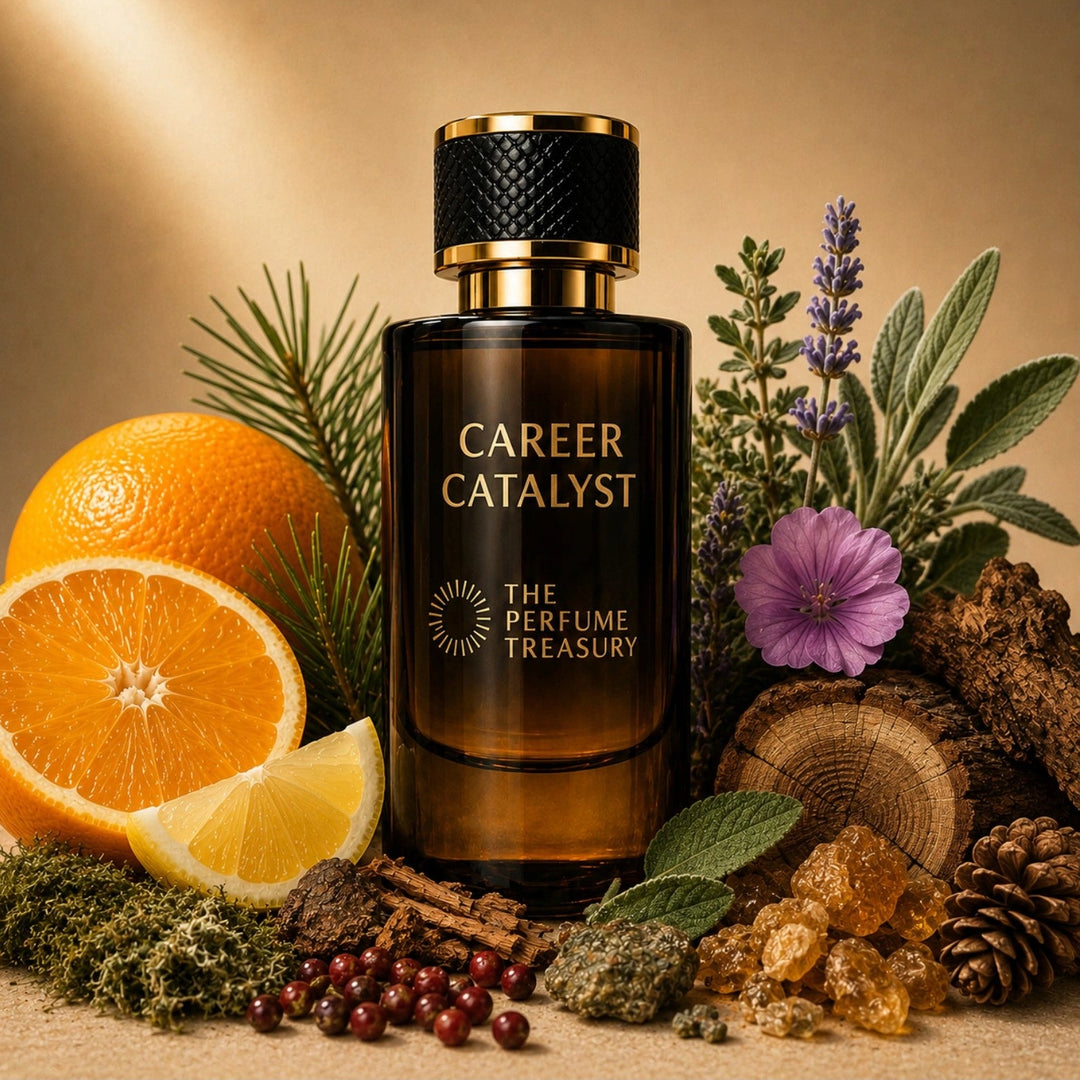 Career Catalyst Extrait de Parfum (50ml) by The Perfume Treasury. A woody citrus aromatic fragrance featuring sweet orange, lemon, cedarwood, clary sage, pine, resinous woods and patchouli, surrounded by its key fragrance notes.