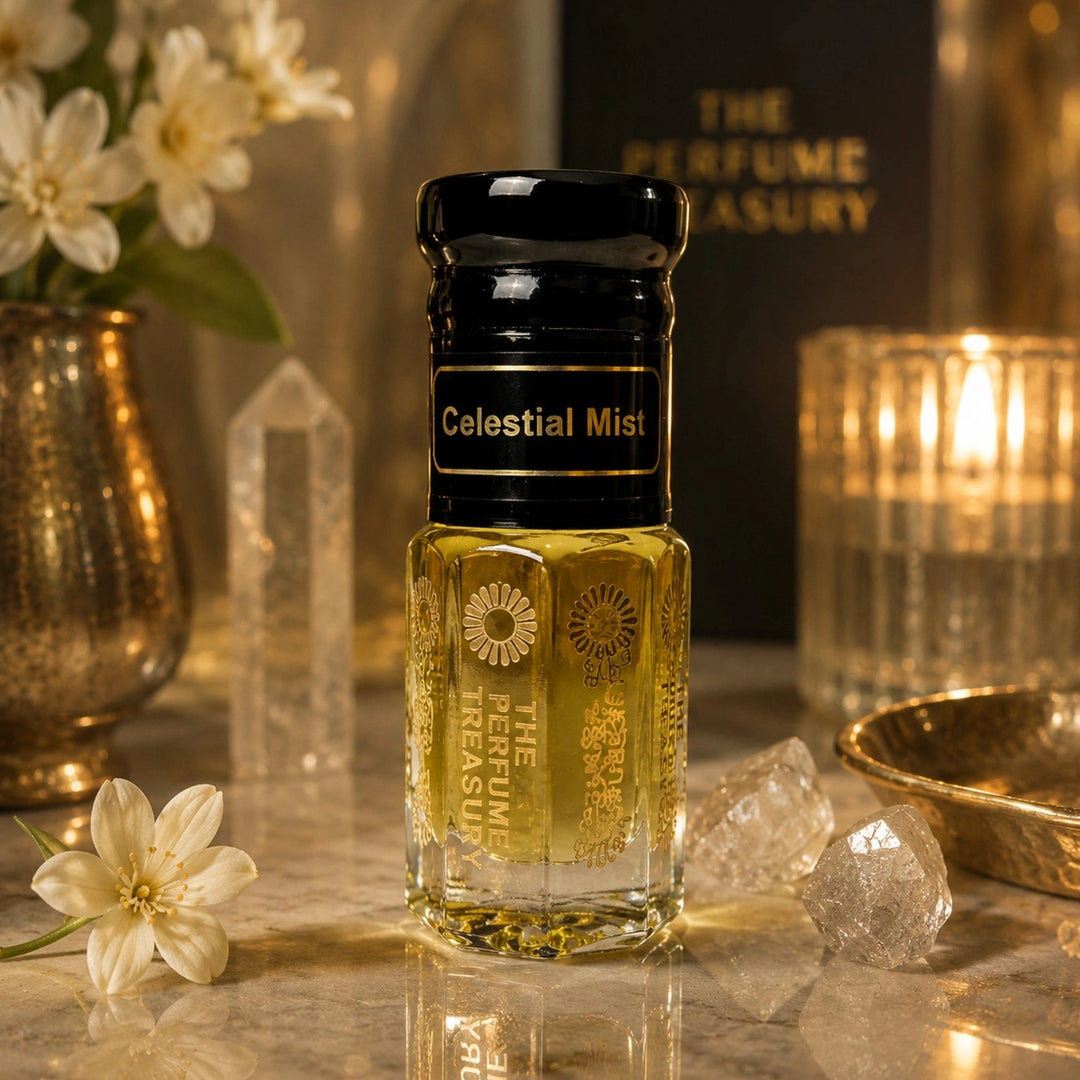 Celestial Mist perfume oil displayed with white flowers, crystals and glowing candlelight in a luxurious serene setting.