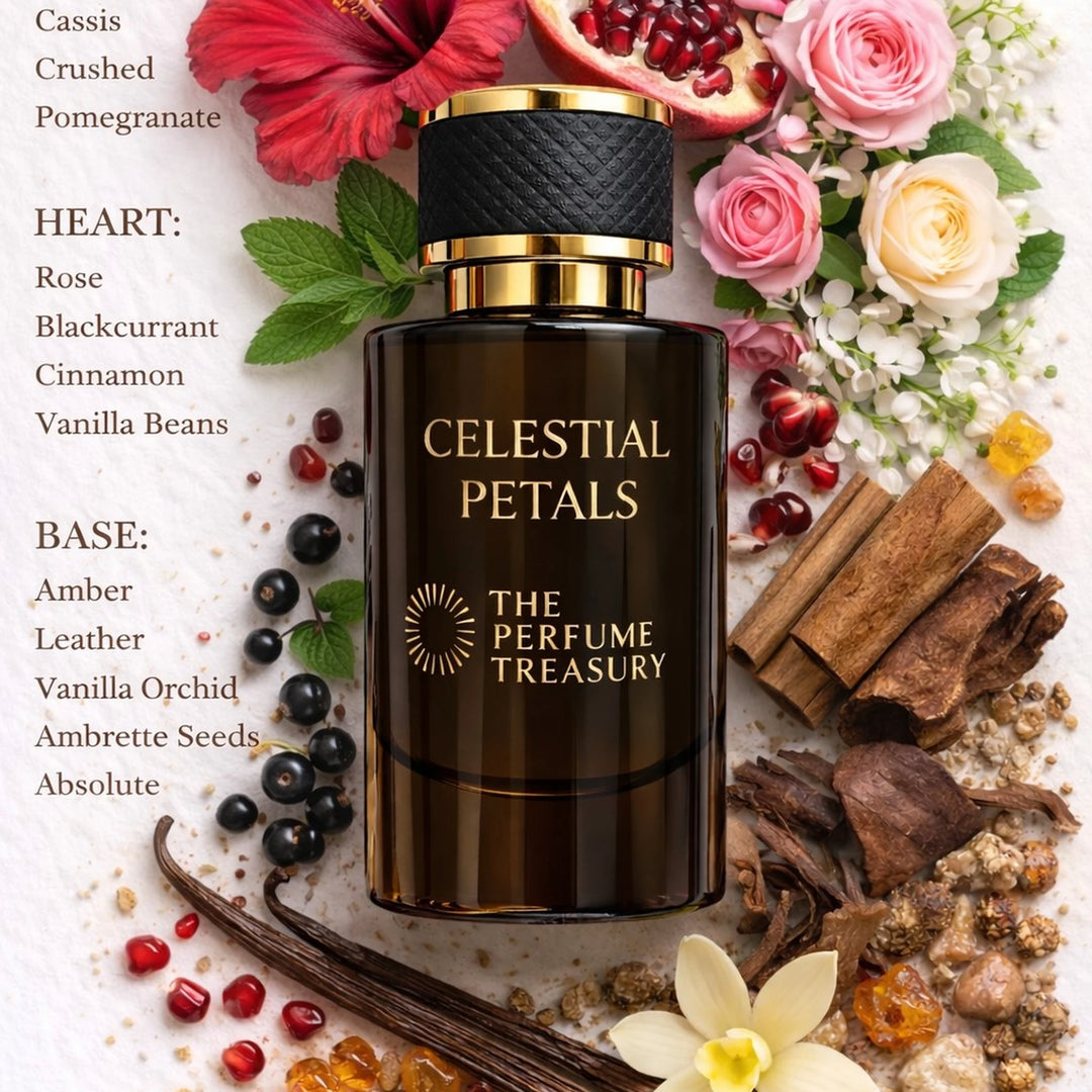 Fragrance notes presentation for Celestial Petals Extrait de Parfum featuring hibiscus, rose, blackcurrant, pomegranate, cinnamon, vanilla orchid, amber, leather and ambrette seed accords.