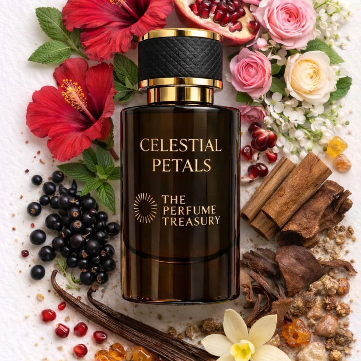 Celestial Petals Extrait de Parfum bottle surrounded by hibiscus flowers, roses, blackcurrants, pomegranate, vanilla orchid, amber resin and precious woods in an elegant floral oriental fragrance composition.