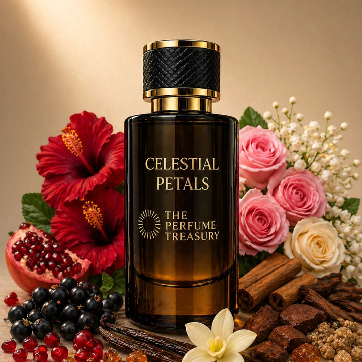 Celestial Petals Extrait de Parfum by The Perfume Treasury displayed with hibiscus flowers, pink roses, blackcurrants, pomegranate, vanilla pods and warm woods, reflecting a luxurious floral-fruity fragrance composition