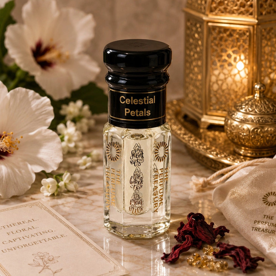 Celestial Petals luxury perfume oil by The Perfume Treasury styled with hibiscus flowers, gold lanterns and floral Arabian-inspired décor in an elegant niche fragrance lifestyle scene.
