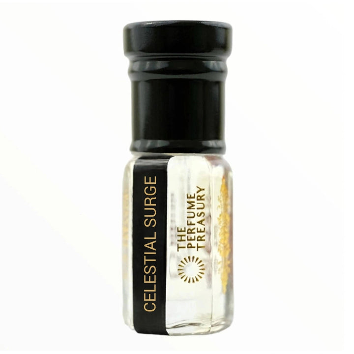 Celestial Surge perfume oil bottle by The Perfume Treasury with minimalist luxury presentation on white background.