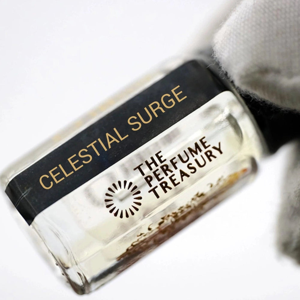 Close-up of Celestial Surge perfume oil bottle held with white glove in premium minimalist fragrance styling.