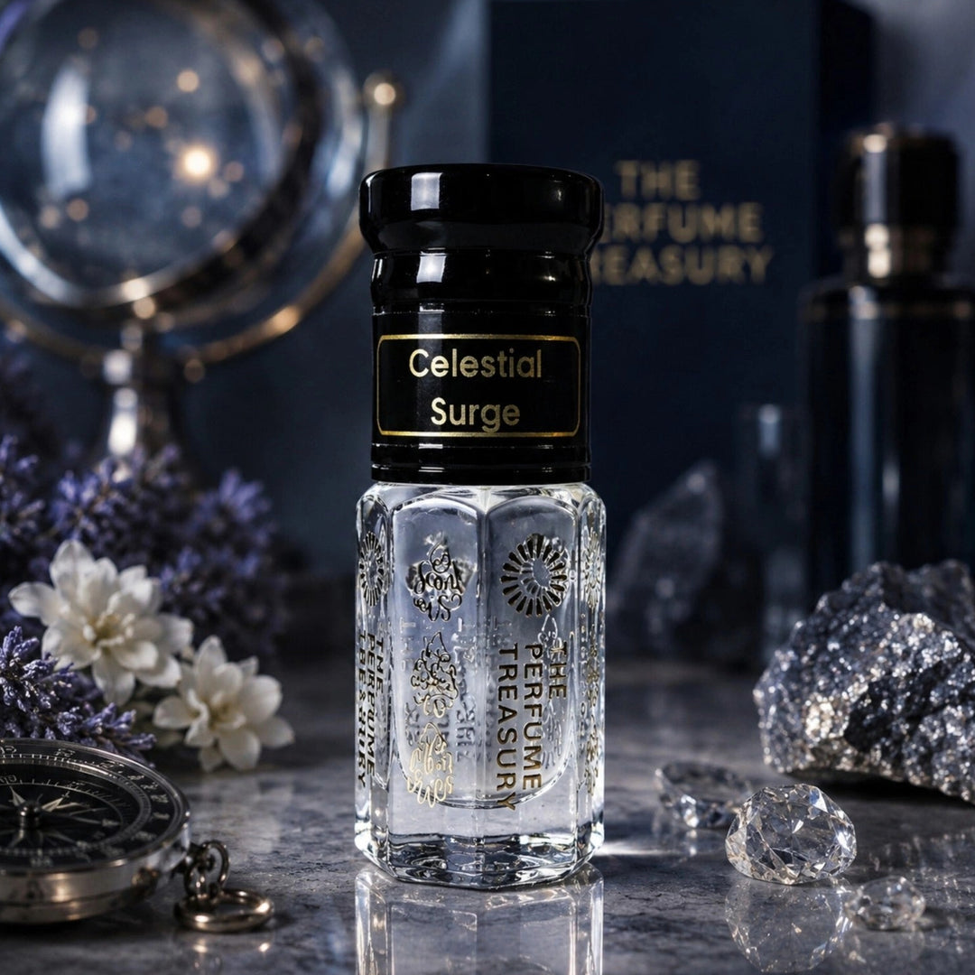 Celestial Surge perfume oil in celestial-inspired luxury setting with crystals and floral accents.