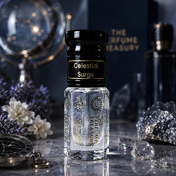Celestial Surge perfume oil in celestial-inspired luxury setting with crystals and floral accents.