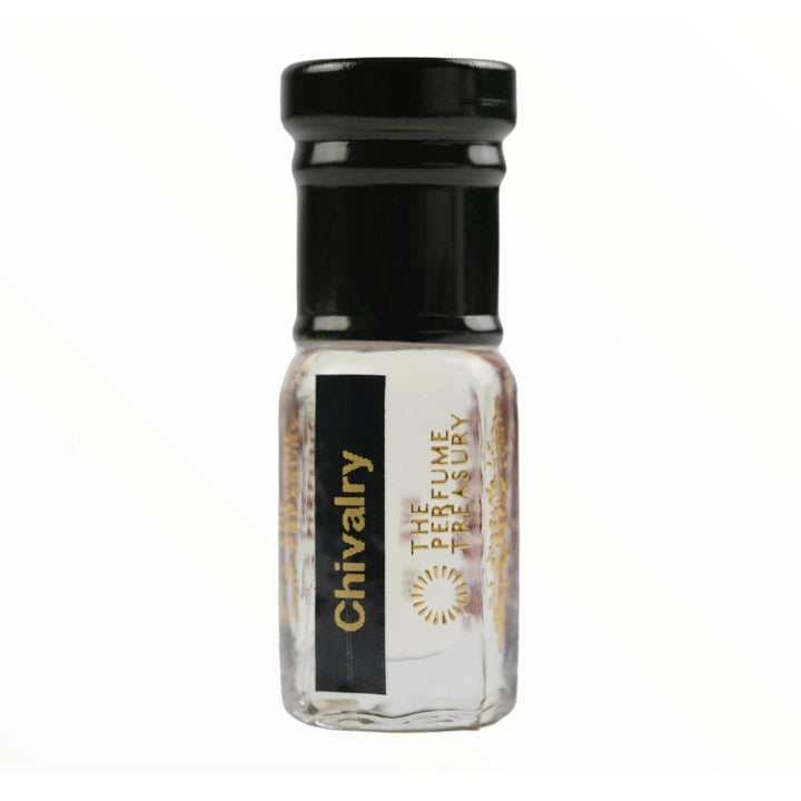 Chivalry glass perfume oil bottle with sleek black and gold branding in clean luxury presentation.